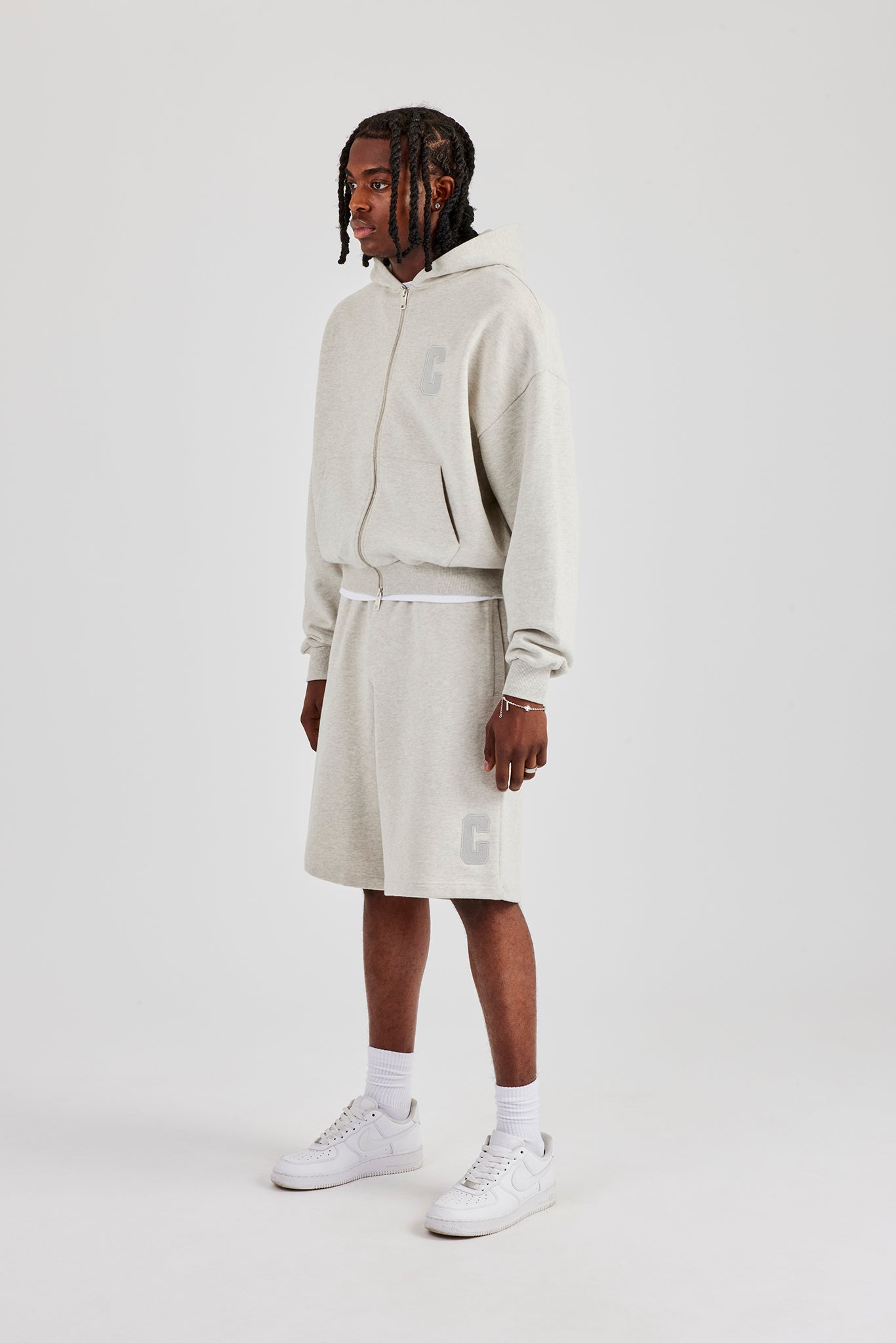 Embroidered C Boxy Zip Through Hoodie & Short - Ash Grey